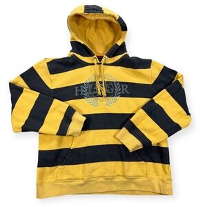 Vintage Tommy Hilfiger Hoodie Men's Medium Yellow Striped Fleece Pullover Y2K